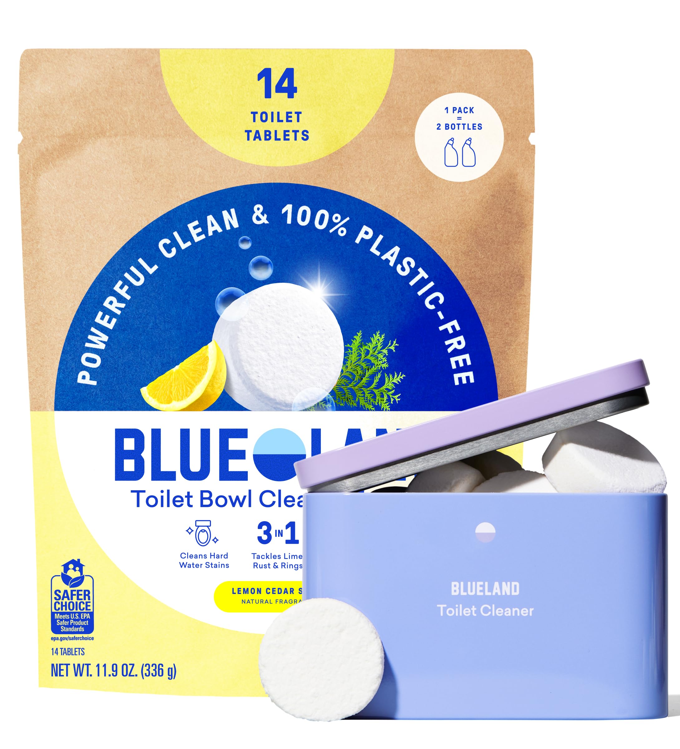 BLUELAND paquete frontal de pastillas sin plástico mostrando diseño y beneficio ecológico