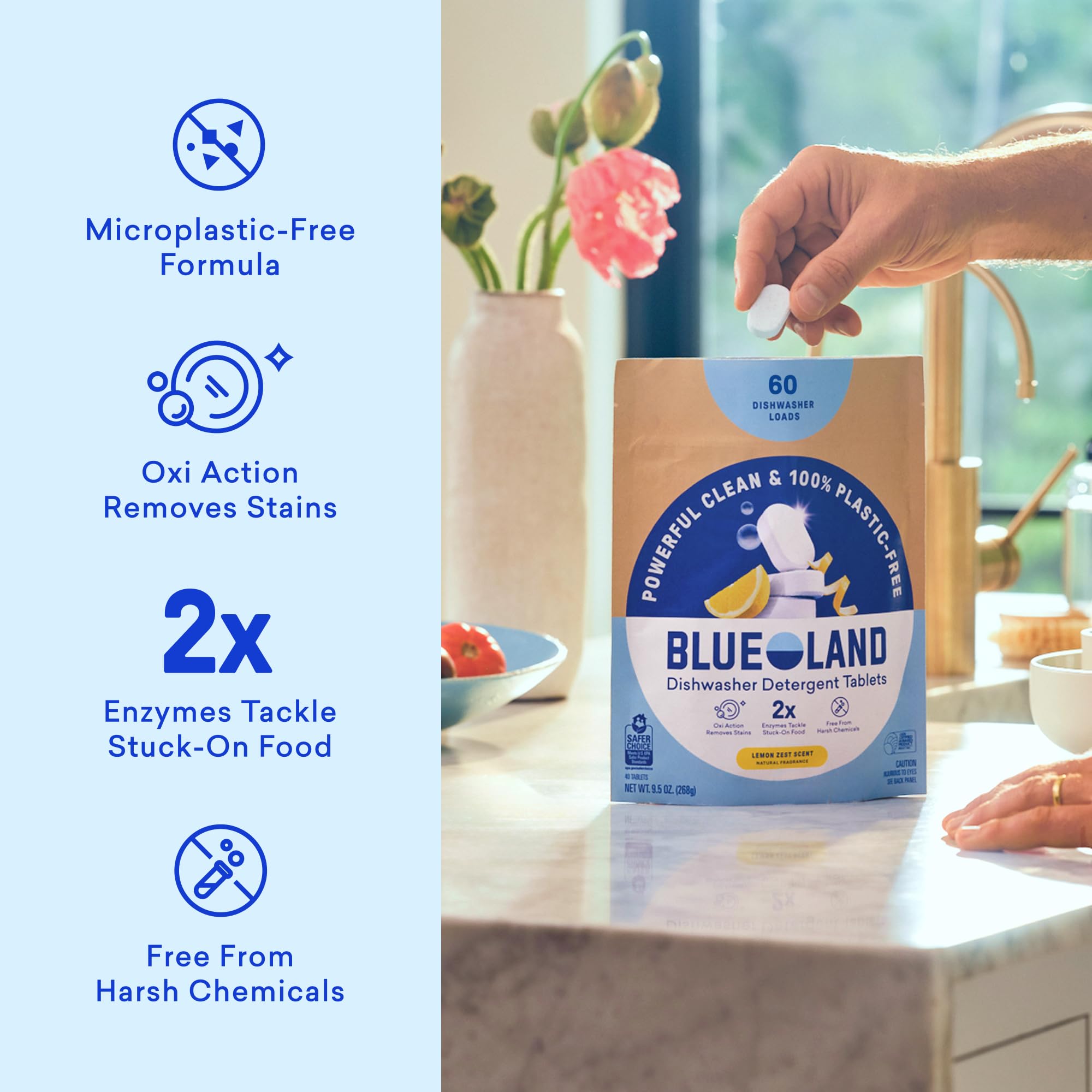 BLUELAND primer plano de la pastilla mostrando textura y eficacia