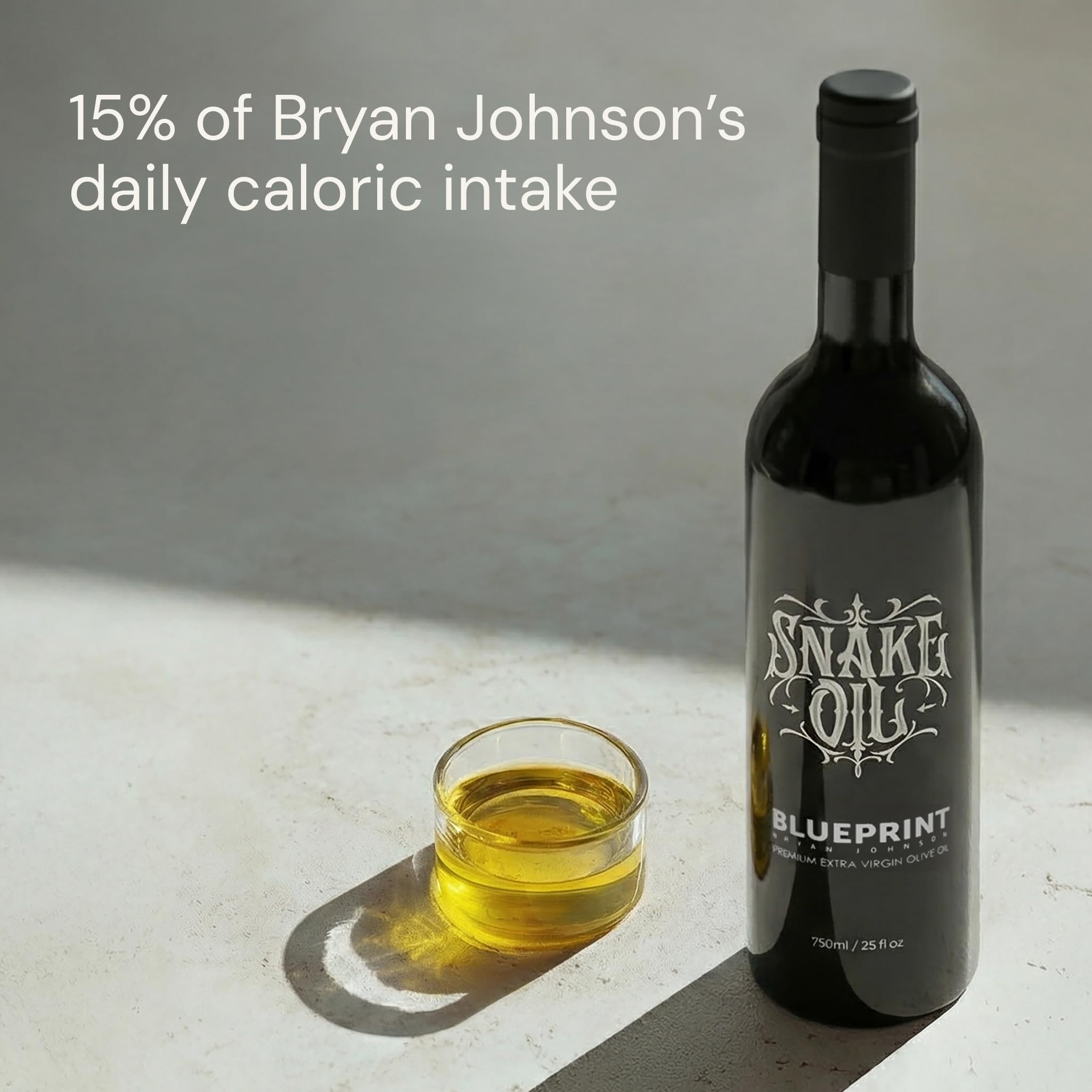 Blueprint Bryan Johnson aceite aliñando una ensalada, sabor intenso