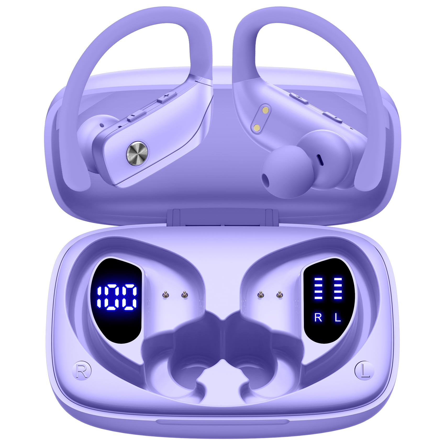 bmani auriculares morado vista frontal, diseño seguro y cómodo
