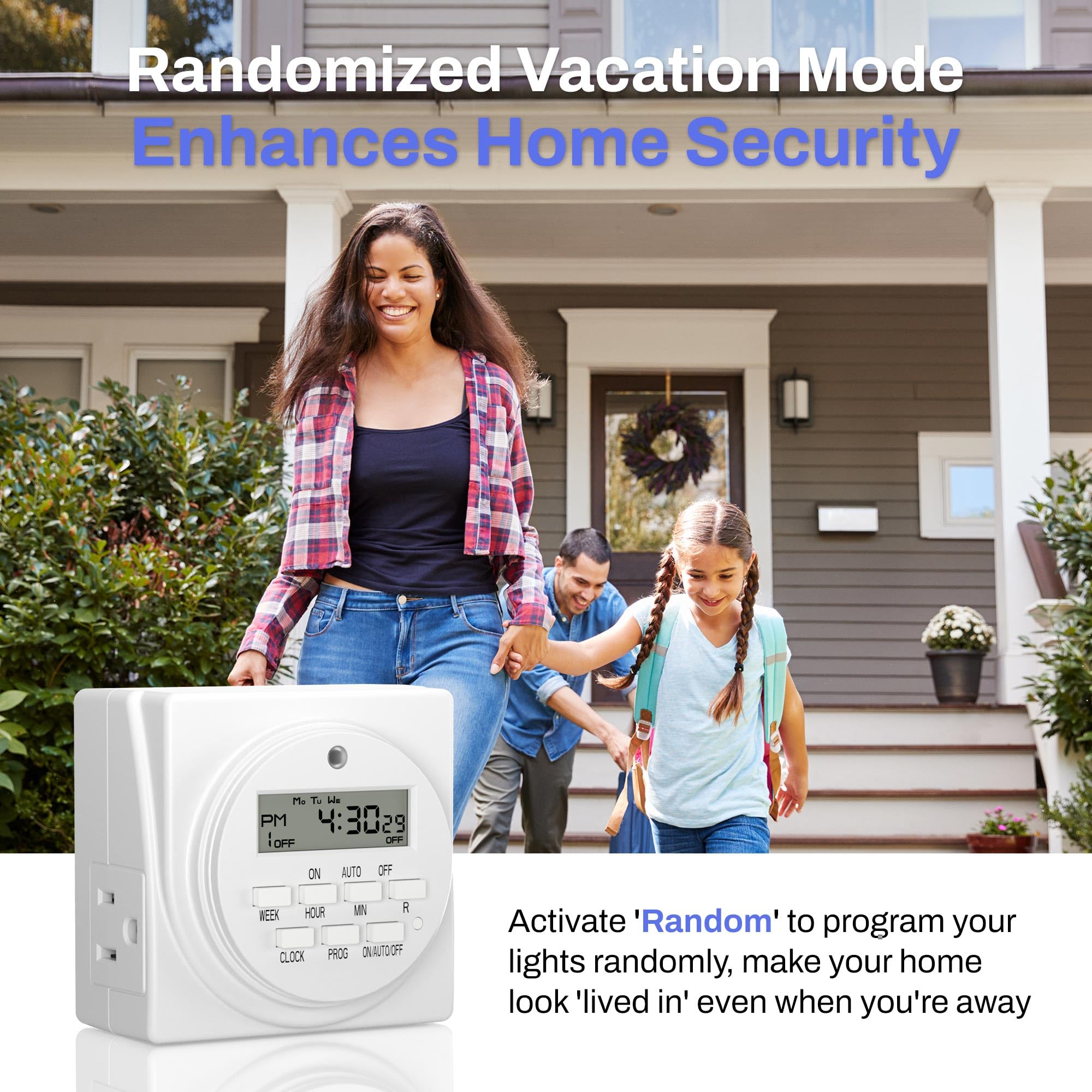 BN-LINK digital screen showing Random Vacation mode for realistic occupancy