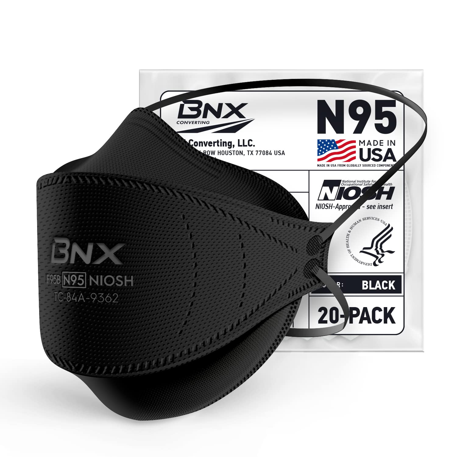 BNX mascarilla N95 frontal mostrando diseño tri-fold y color negro, protección certificada