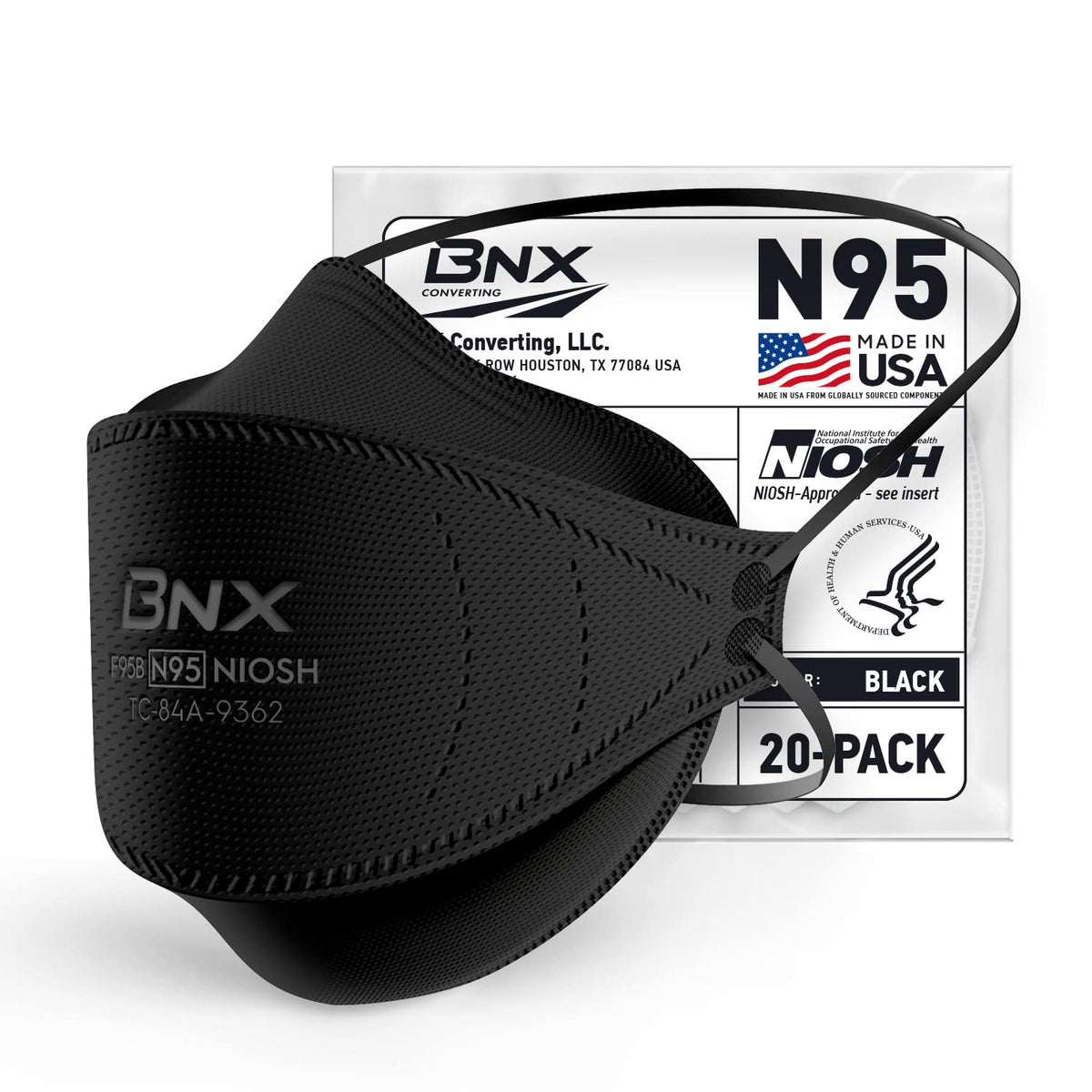 BNX mascarilla N95 frontal mostrando diseño tri-fold y color negro, protección certificada