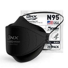 BNX mascarilla N95 frontal mostrando diseño tri-fold y color negro, protección certificada