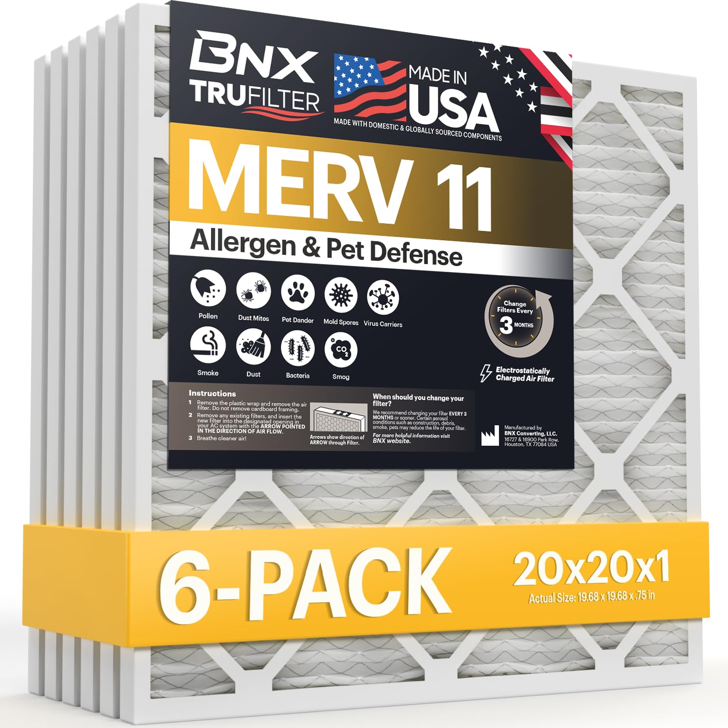 BNX TruFilter frente del empaque mostrando el paquete de seis y beneficios