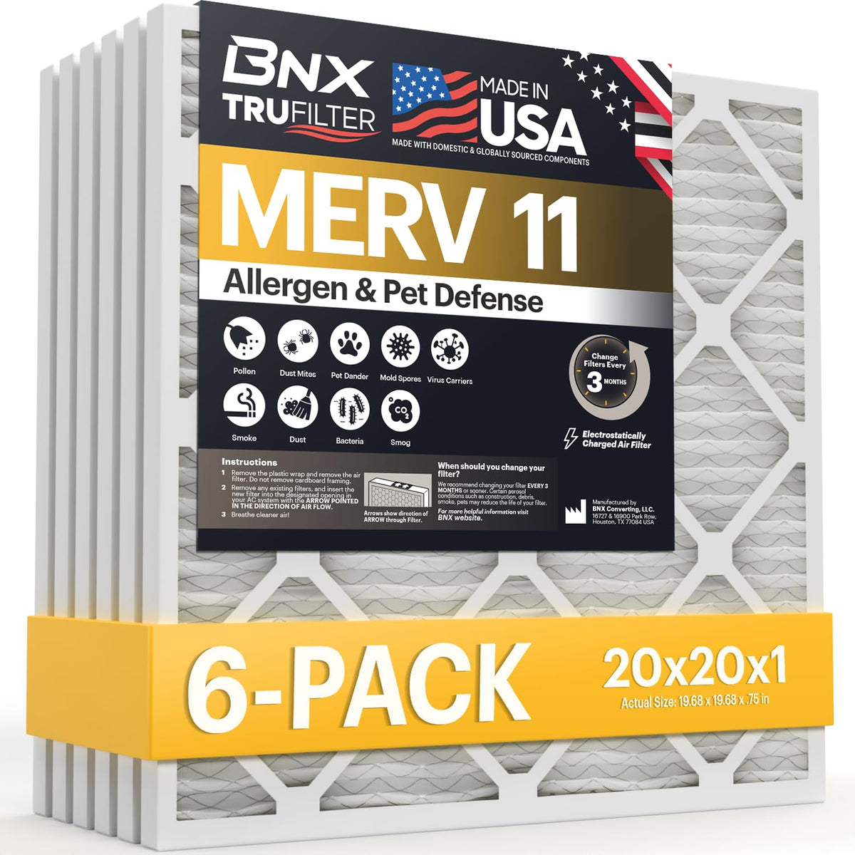 BNX TruFilter frente del empaque mostrando el paquete de seis y beneficios