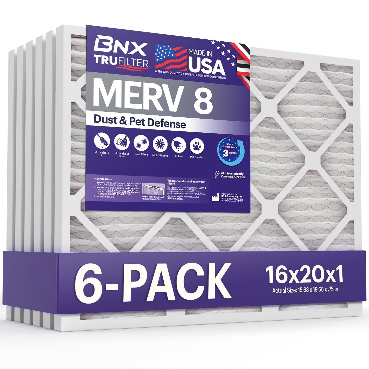 BNX filtro TruFilter frontal del paquete mostrando seis unidades y almacenamiento