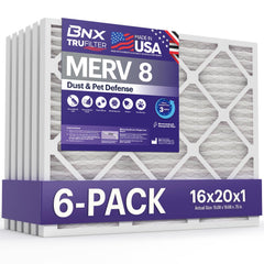 BNX filtro TruFilter frontal del paquete mostrando seis unidades y almacenamiento