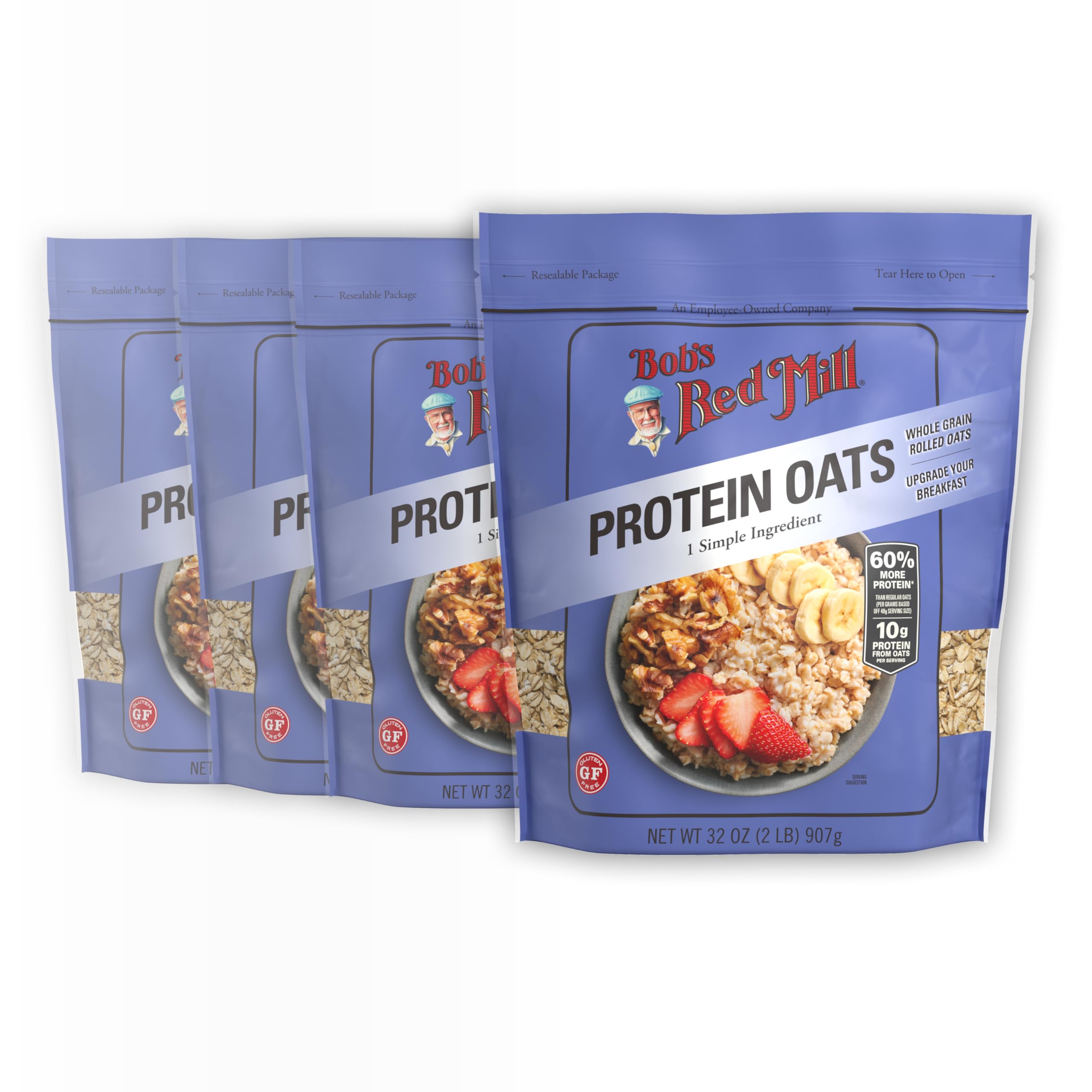 Bob's Red Mill paquete frontal mostrando avena alta en proteína y conveniencia