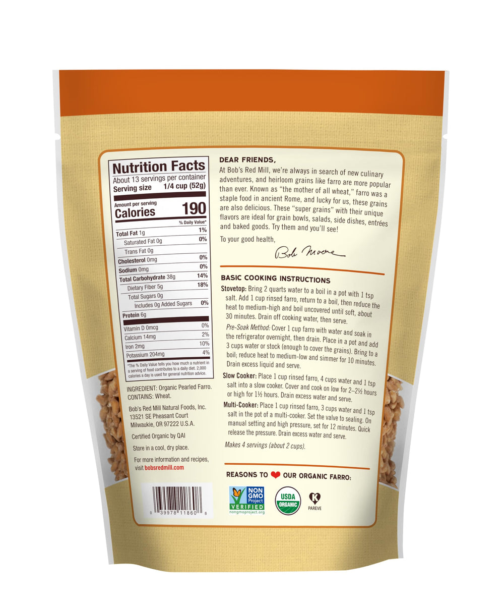 Bob's Red Mill farro cocinado en cazuela mostrando textura masticable y apetecible