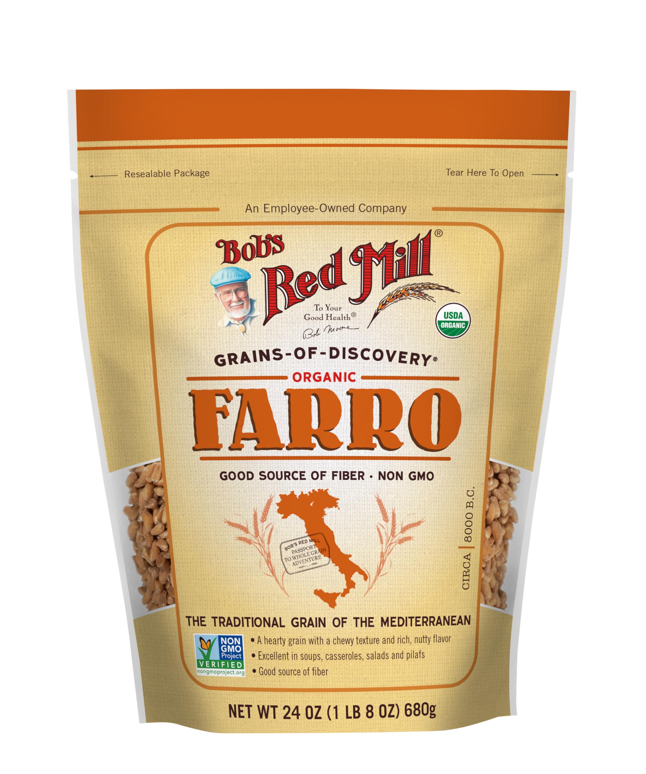 Bob's Red Mill primer plano de granos de farro con textura y calidad visible