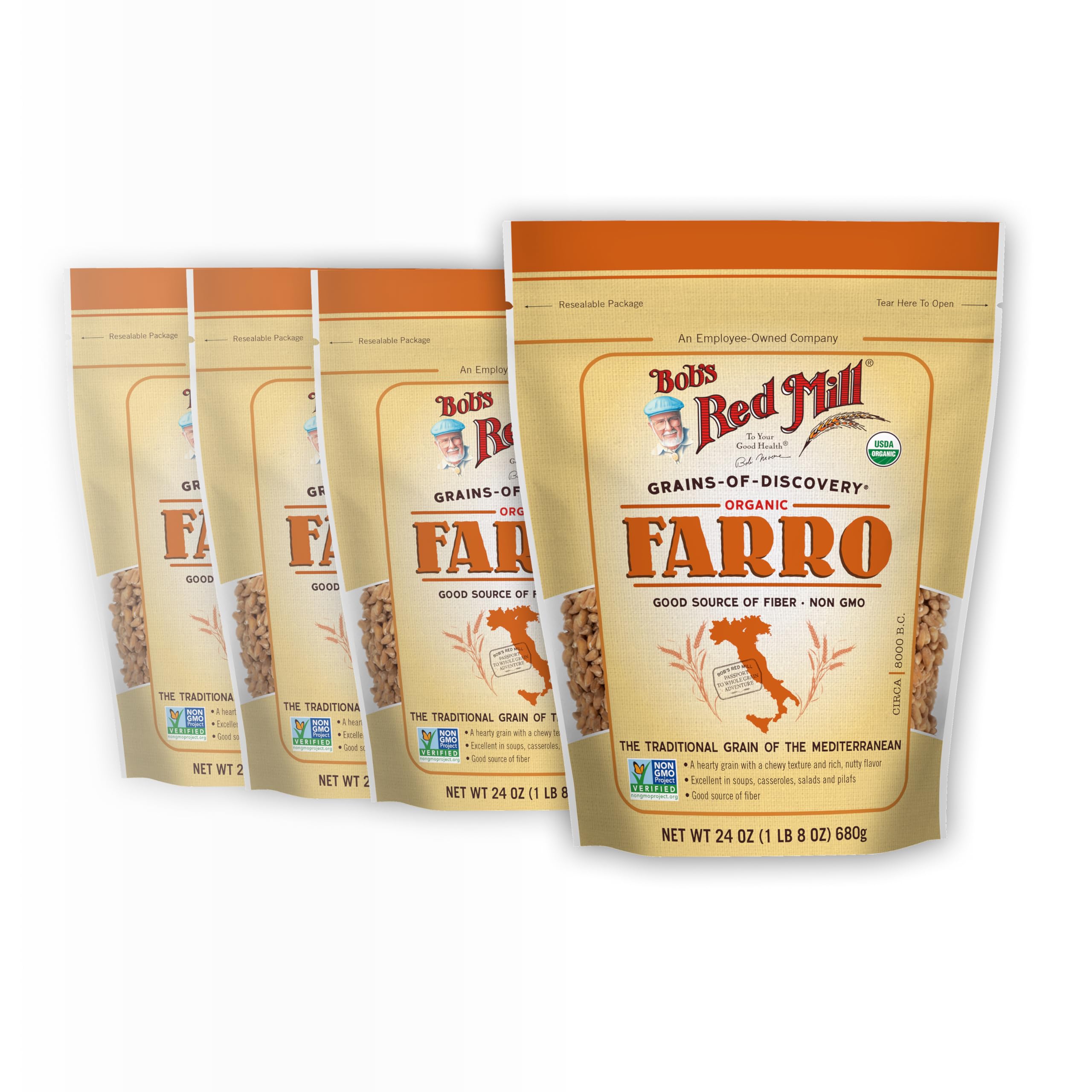 Bob's Red Mill empaque frontal de farro orgánico mostrando tamaño y marca