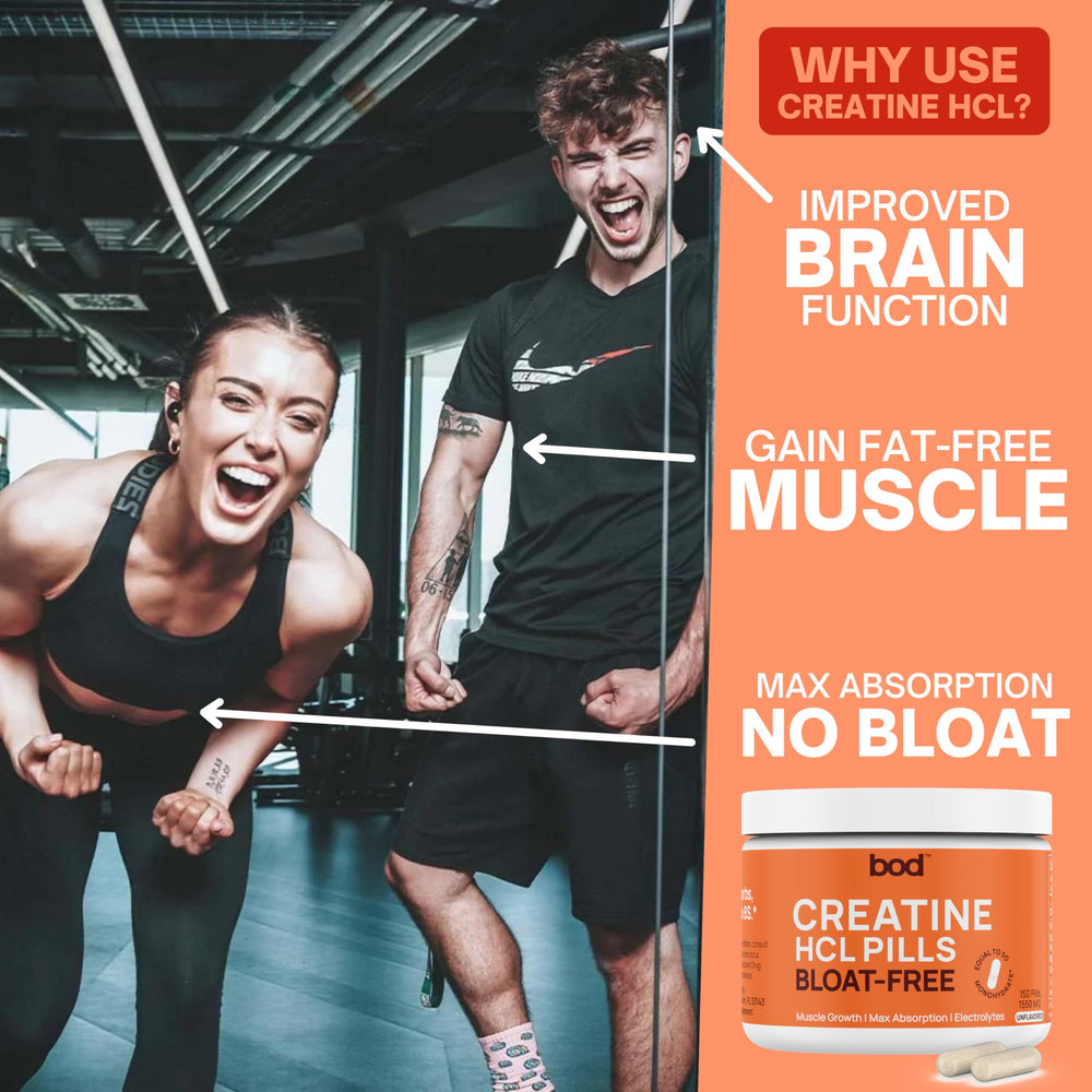Bod primer plano de una cápsula de Creatine HCL destacando superficie y calidad