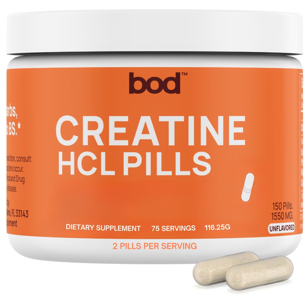 Bod bote frontal de Creatine HCL mostrando presentación sin sabor y 150 cápsulas