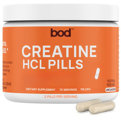 Bod bote frontal de Creatine HCL mostrando presentación sin sabor y 150 cápsulas
