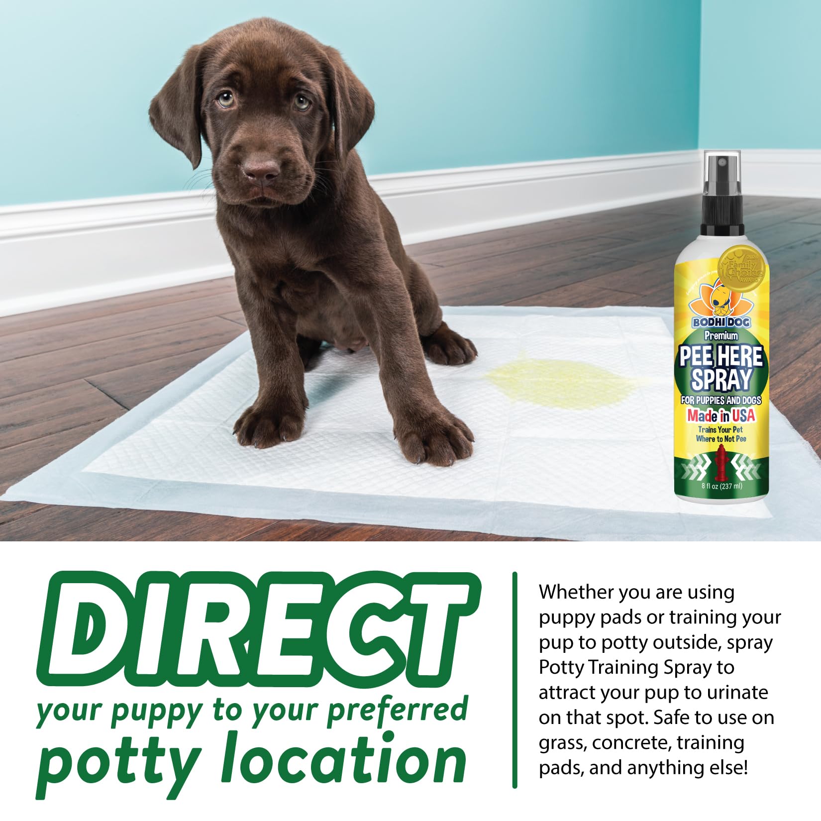 Bodhi Dog spray aplicado sobre almohadilla, ayuda a entrenar cachorros eficazmente