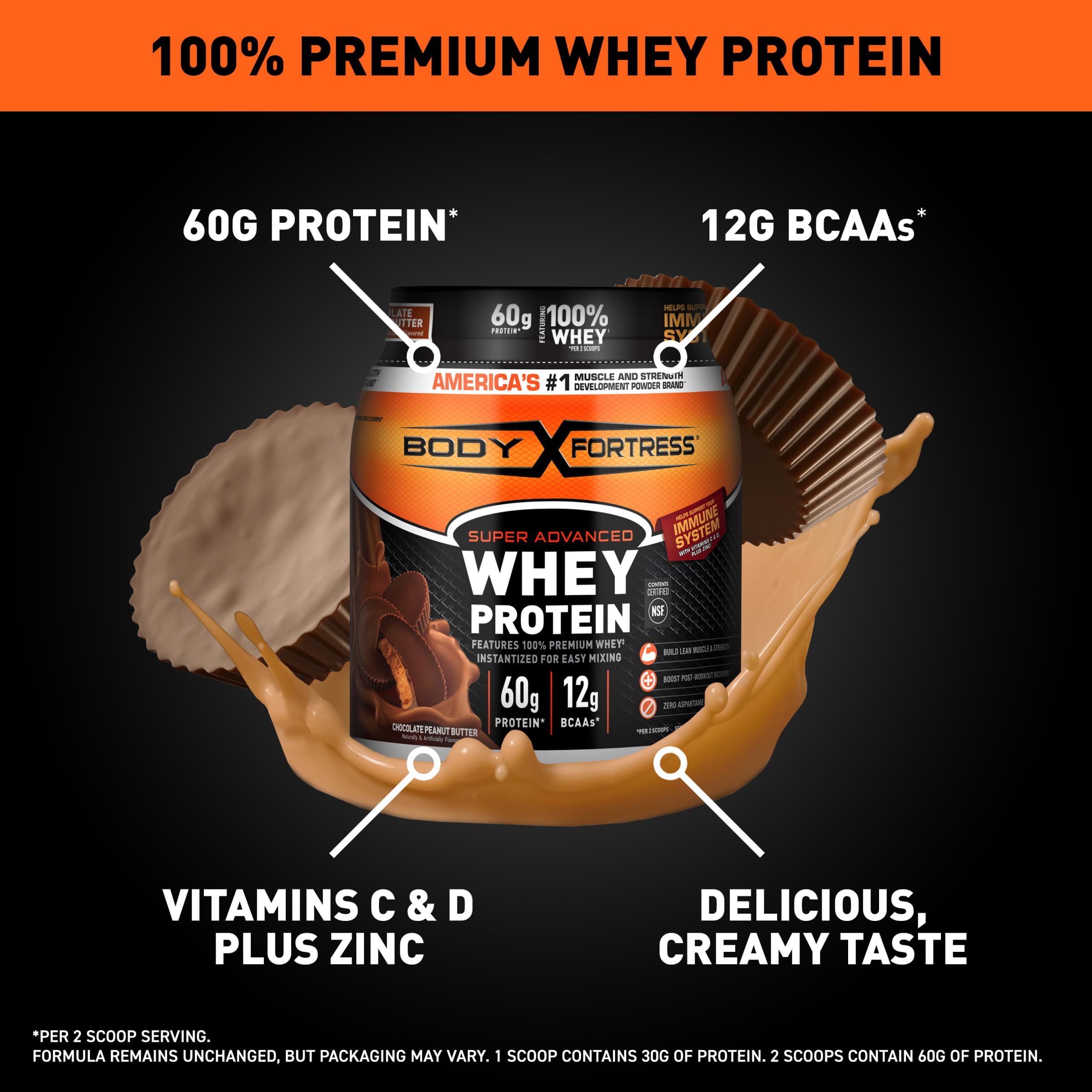 Body Fortress cuchara con polvo destacando 30 g de proteína