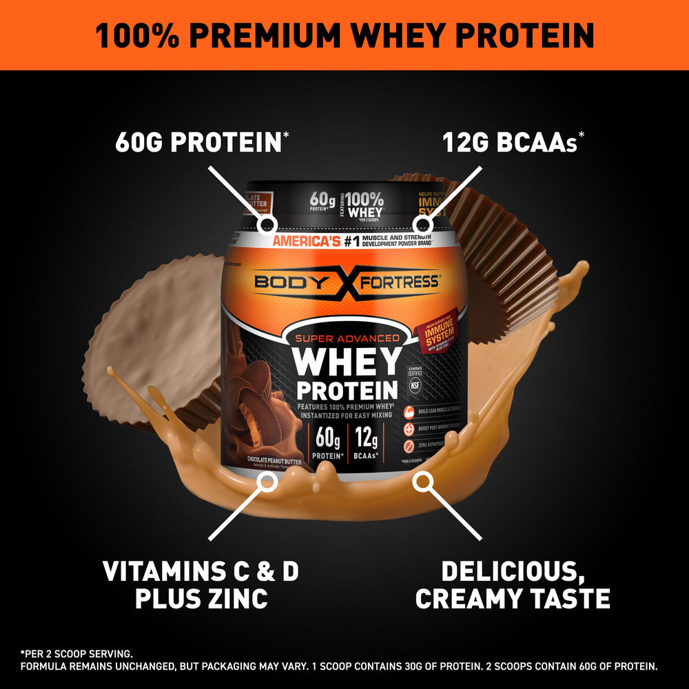 Body Fortress cuchara con polvo destacando 30 g de proteína