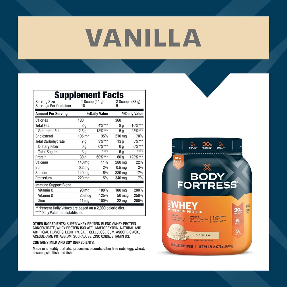 Body Fortress etiqueta de ingredientes que resalta 30 g de proteína y vitaminas añadidas