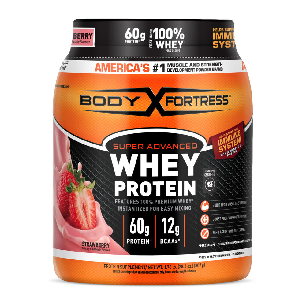 Body Fortress envase frontal en sabor fresa mostrando tamaño y marca beneficios proteicos