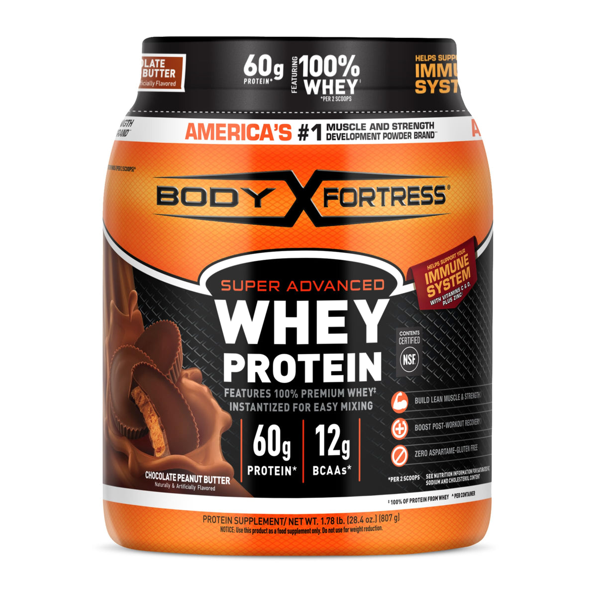 Body Fortress tarro frontal mostrando etiqueta y beneficio proteína alta
