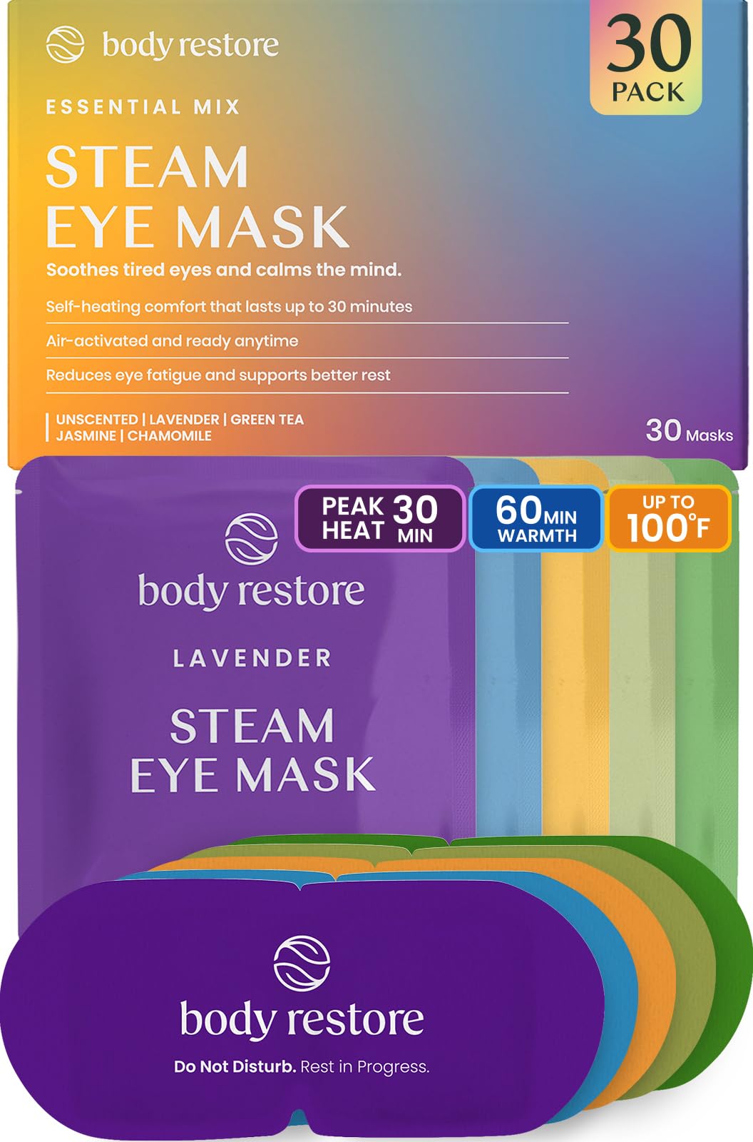 Body Restore empaque frontal mostrando 30 mascarillas y variedad de aromas para relajación