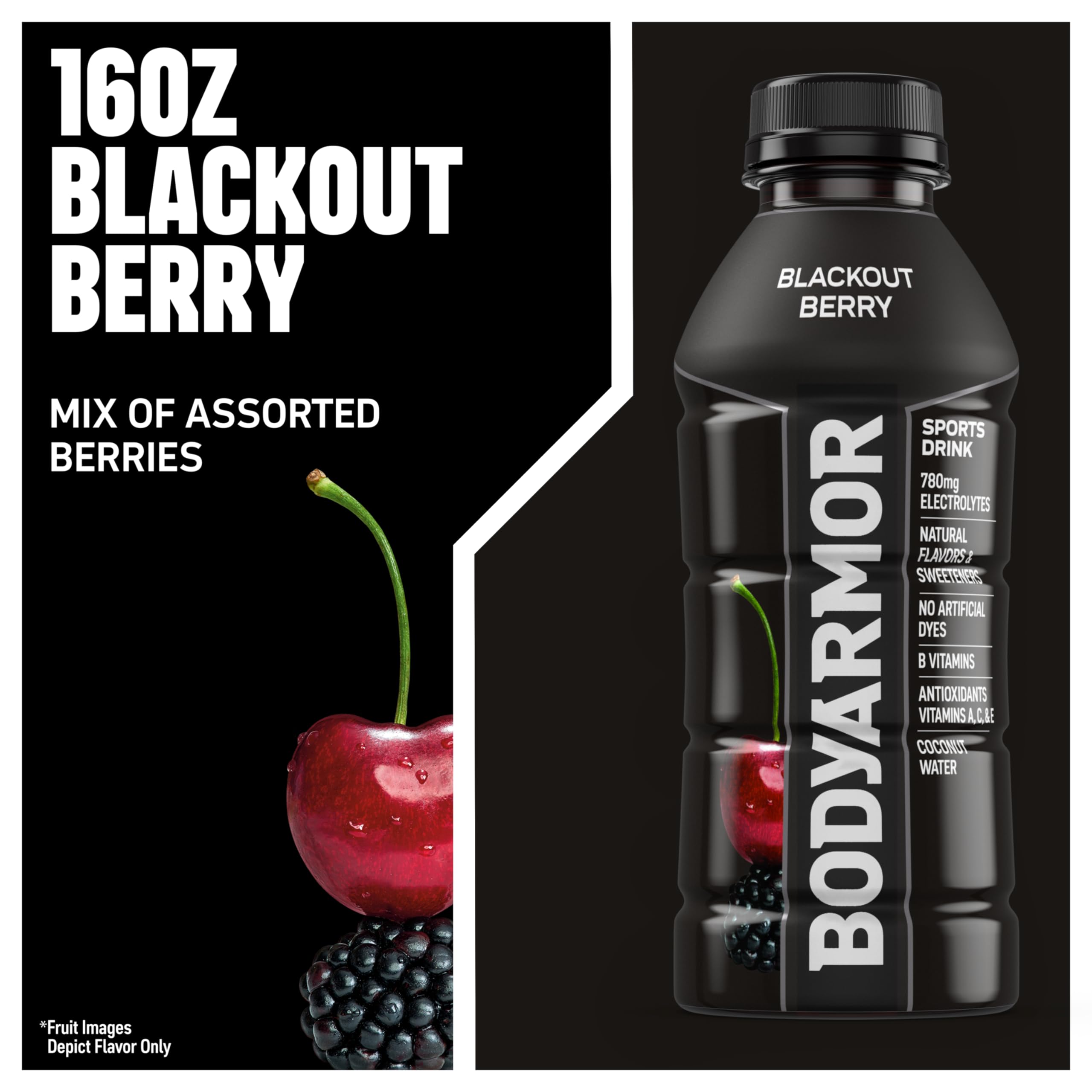 Botella abierta de BODYARMOR Blackout Berry lista para beber tras el ejercicio