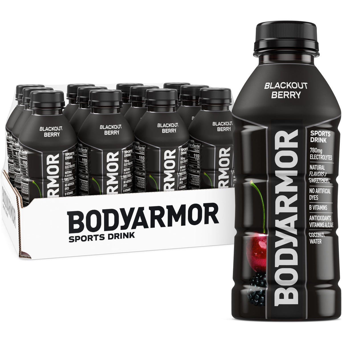 BODYARMOR Blackout Berry vista frontal y botella completa, hidratación natural