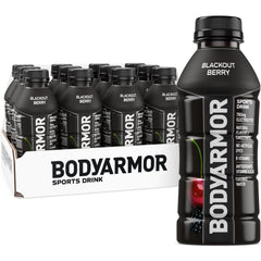 BODYARMOR Blackout Berry vista frontal y botella completa, hidratación natural