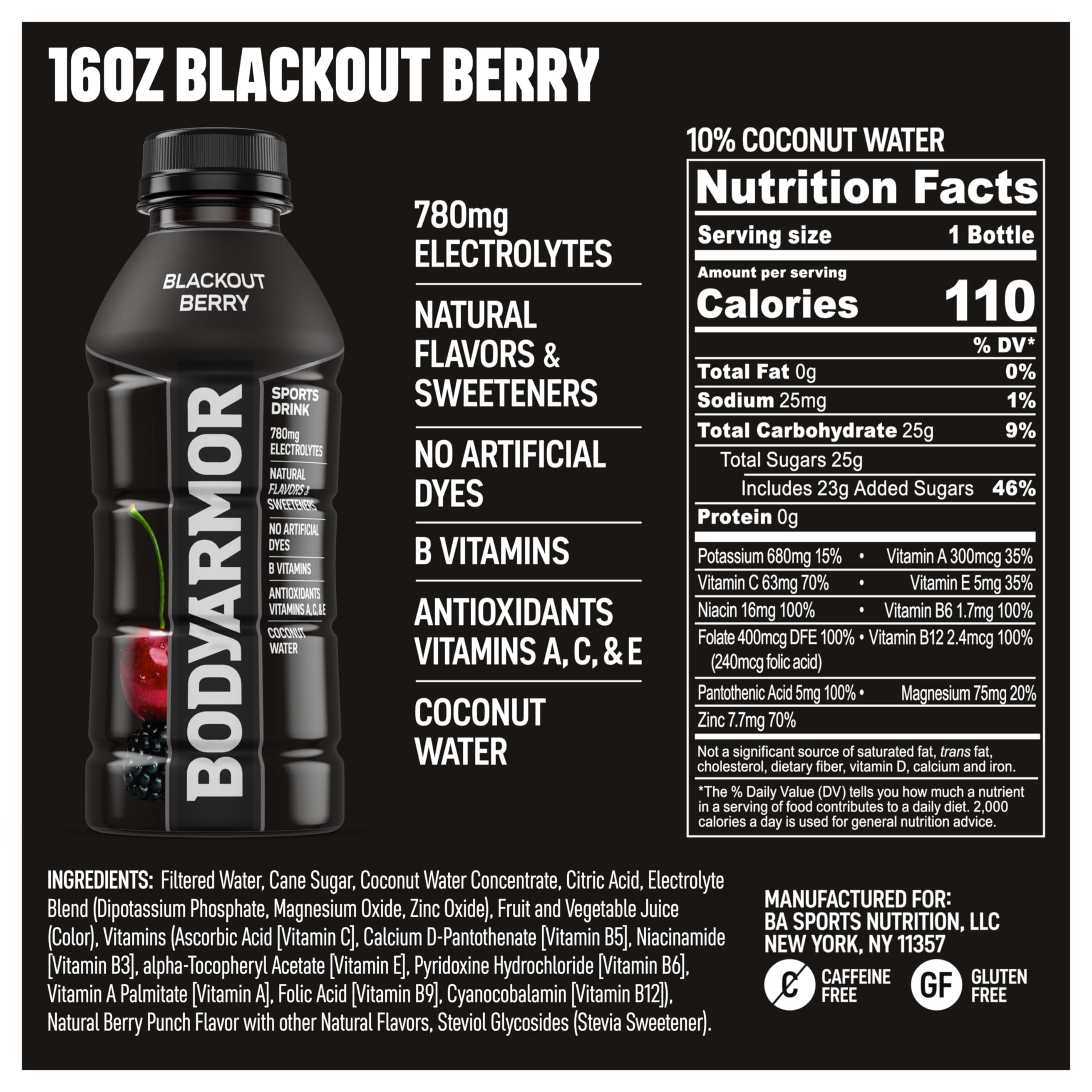 Detalle de textura del líquido BODYARMOR Blackout Berry mostrando color y claridad