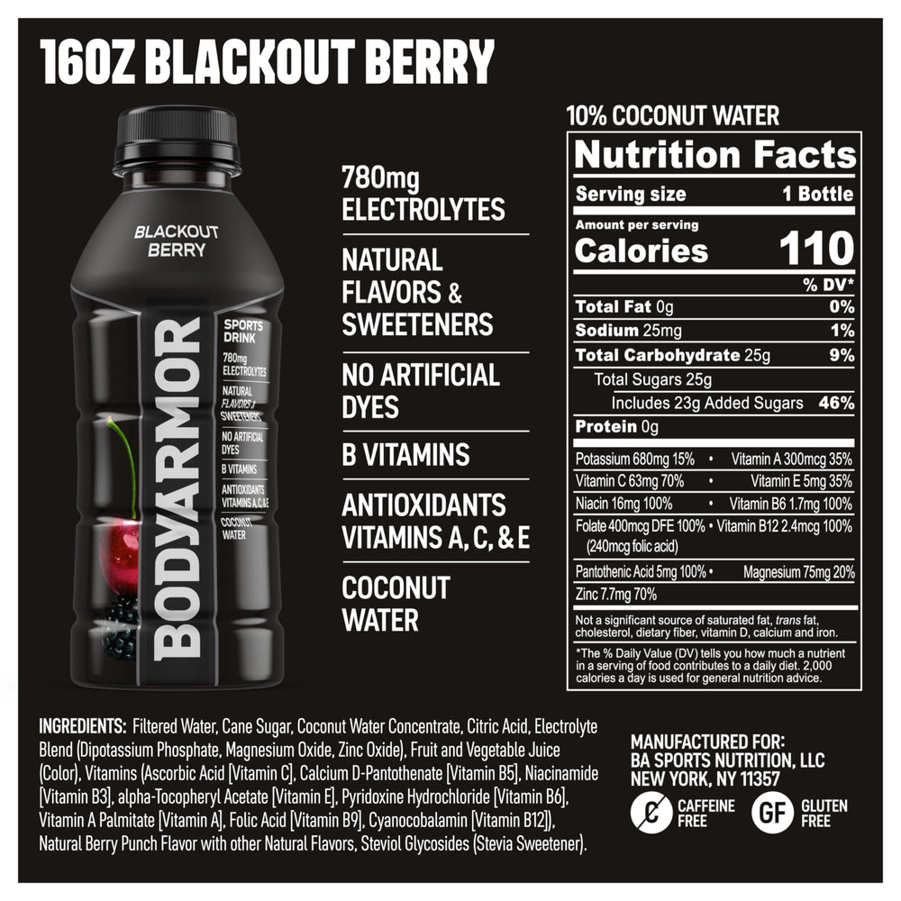 Detalle de textura del líquido BODYARMOR Blackout Berry mostrando color y claridad