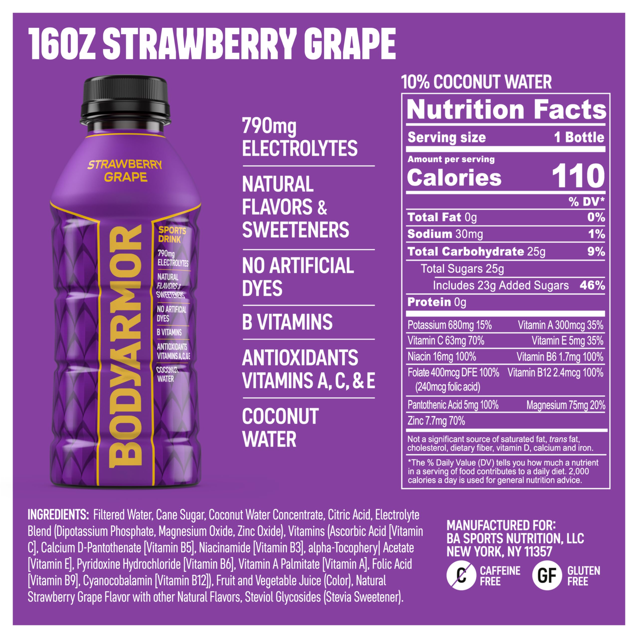 BODYARMOR botella 16 oz primer plano que destaca forma y tapa fácil