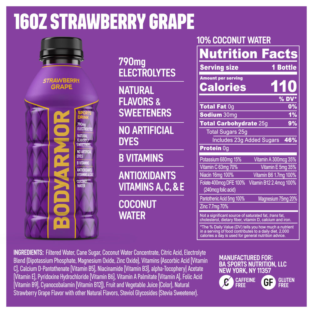 BODYARMOR botella 16 oz primer plano que destaca forma y tapa fácil