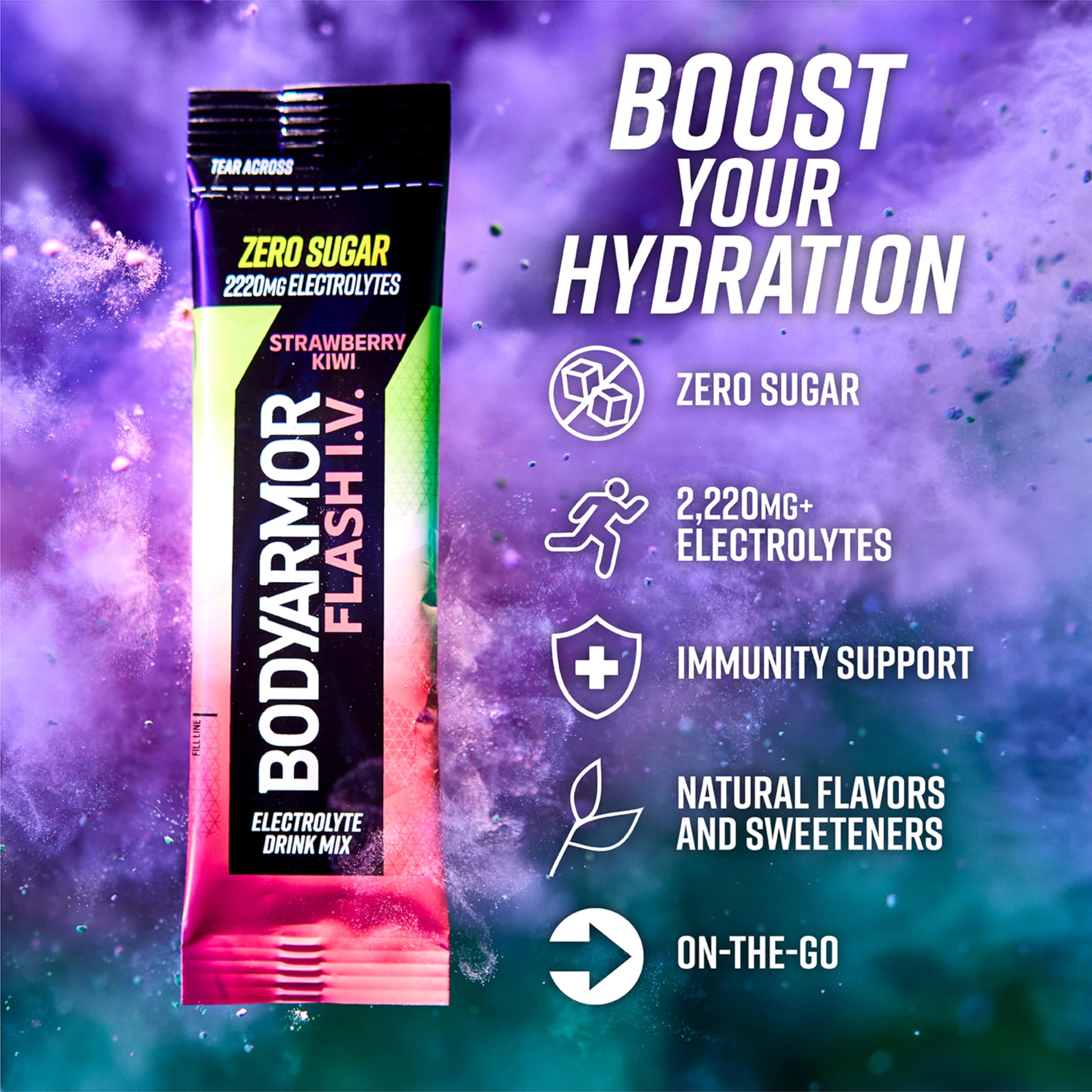 BODYARMOR textura del polvo en primer plano destacando ingredientes y disolución rápida