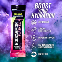 BODYARMOR textura del polvo en primer plano destacando ingredientes y disolución rápida
