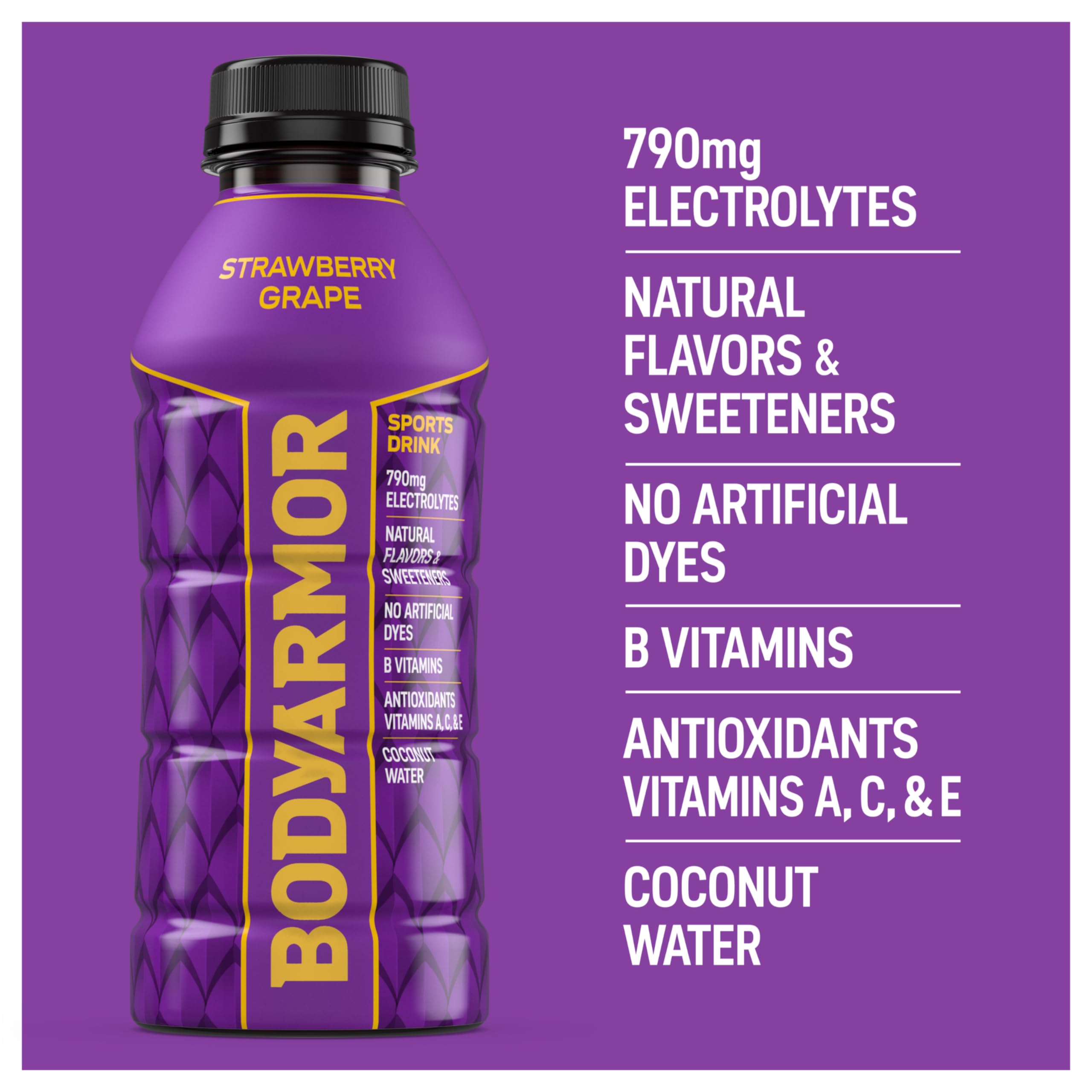 BODYARMOR etiqueta de ingredientes que resalta electrolitos y agua de coco