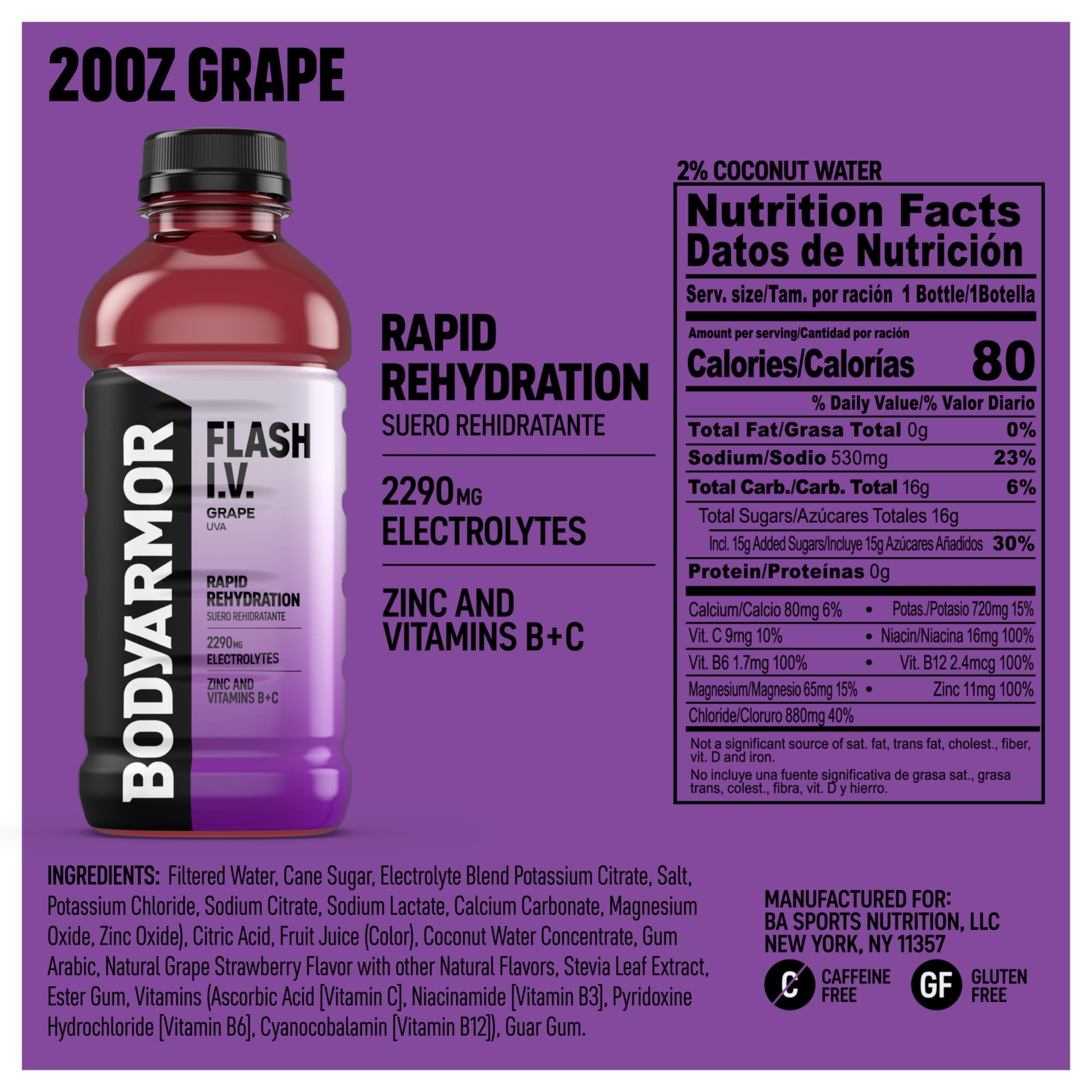 Primer plano de la etiqueta BODYARMOR Flash I.V. Grape destacando electrolitos