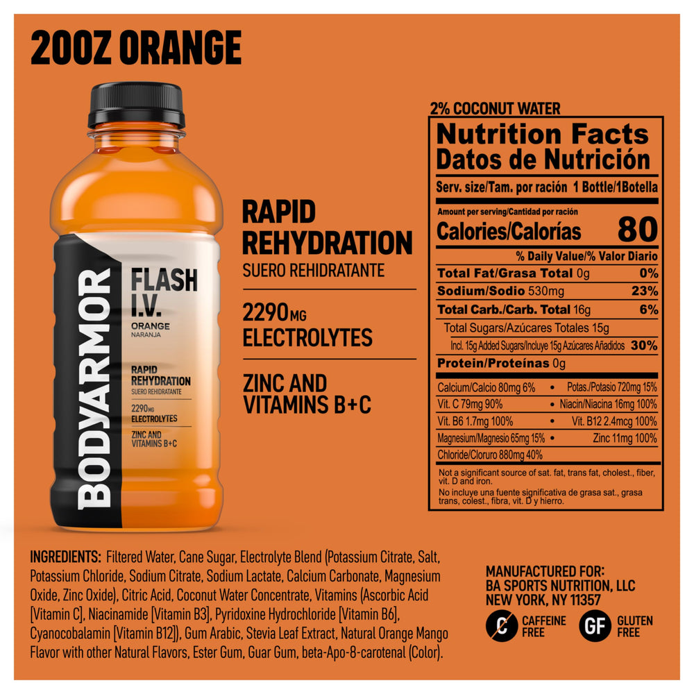 BODYARMOR Flash I.V. naranja textura del líquido y gotas, hidratación natural