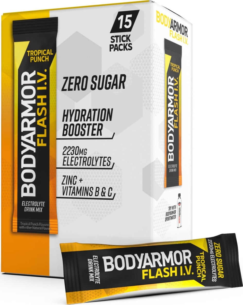 BODYARMOR frente del empaque mostrando 15 sobres, conveniencia portátil