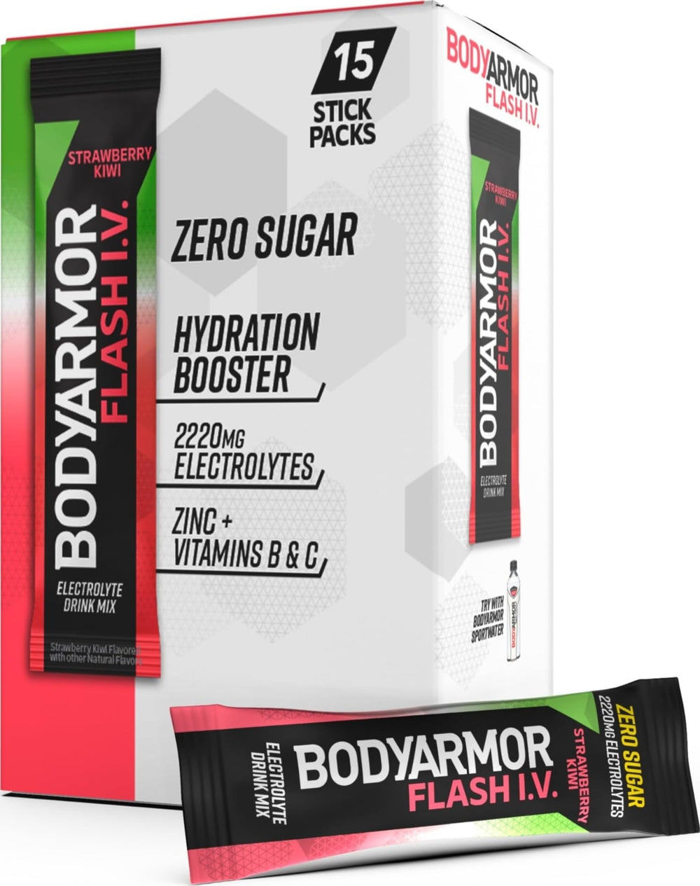 BODYARMOR frente del empaque mostrando 15 sobres y sabor fresa kiwi, fácil identificación