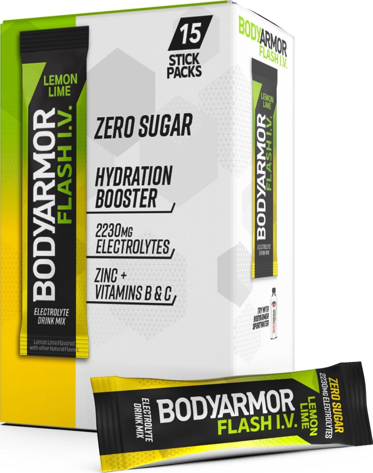 BODYARMOR frente del empaque limon lima mostrando formato 15 sobres y conveniencia