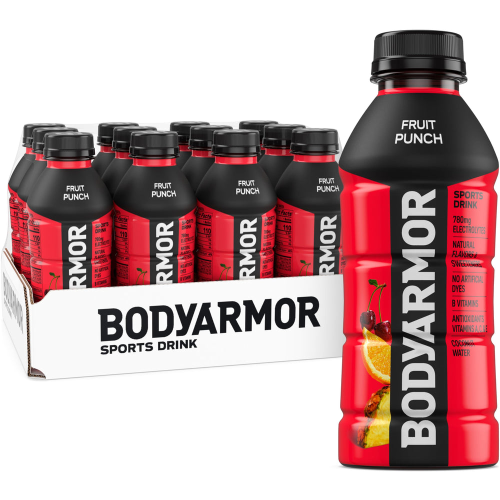 BODYARMOR frente del pack de 12 botellas mostrando marca y conveniencia