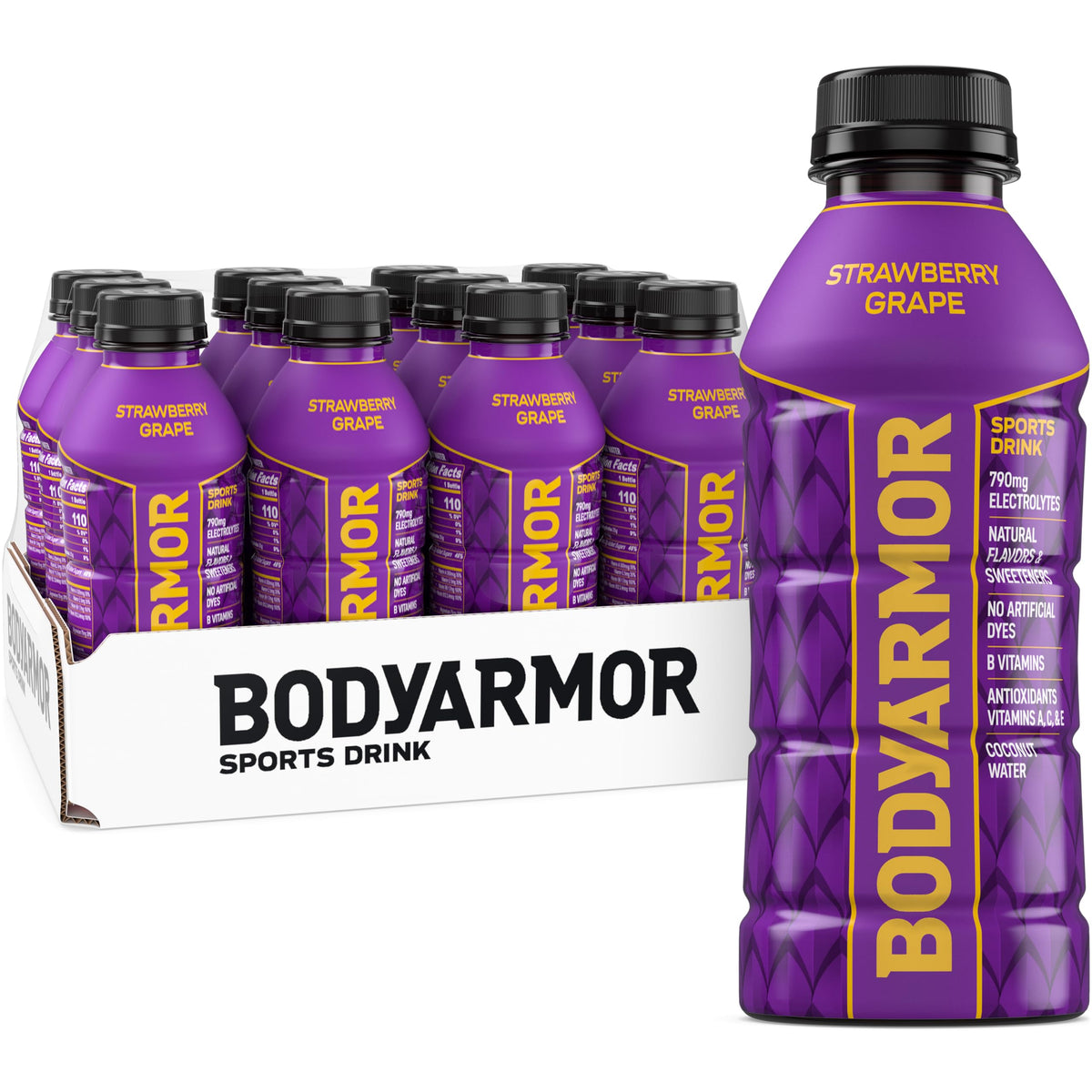 BODYARMOR frente del paquete de 12 mostrando diseño y conveniencia