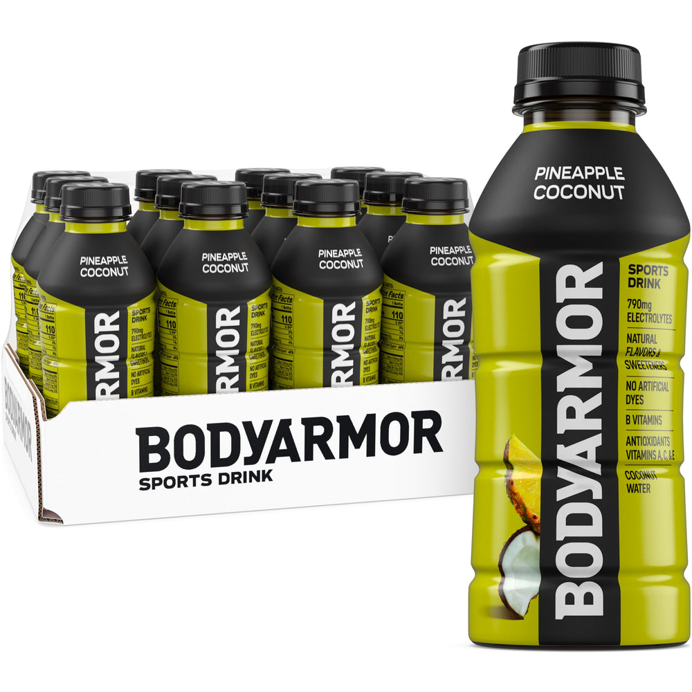 BODYARMOR vista frontal de botella Pineapple Coconut mostrando diseño y color tropical