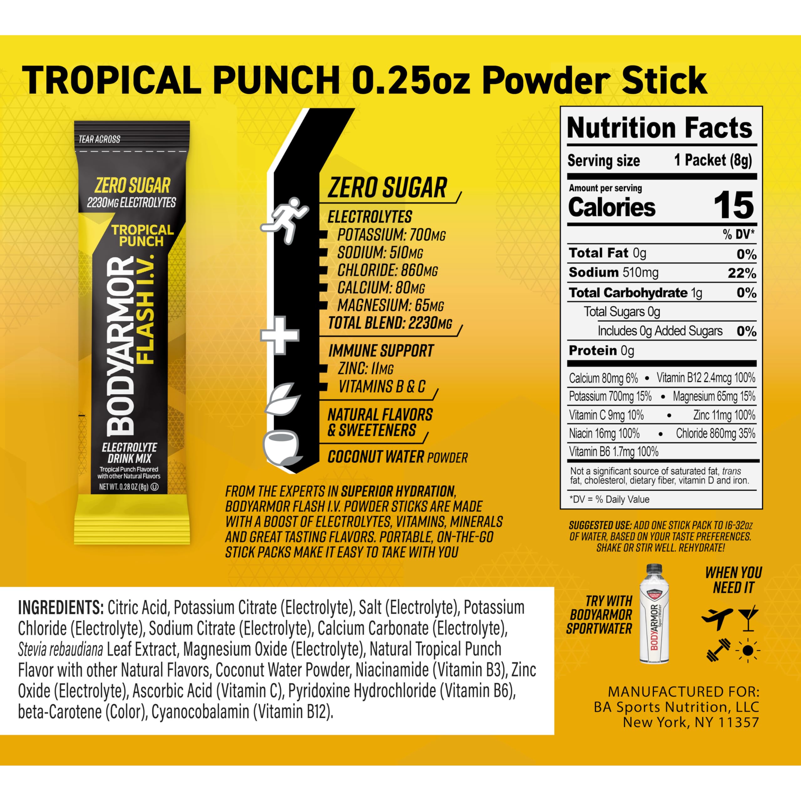 BODYARMOR etiqueta con ingredientes, información clara de electrolitos