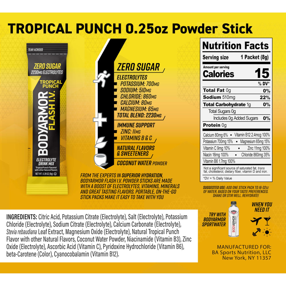 BODYARMOR etiqueta con ingredientes, información clara de electrolitos