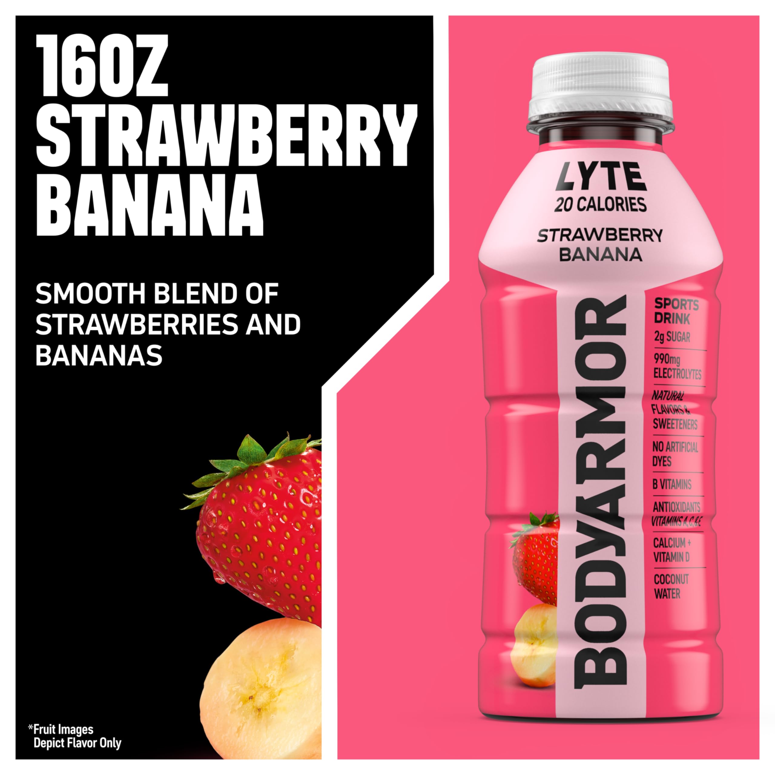 BODYARMOR LYTE botella 16 oz junto a una mano para comparar tamaño