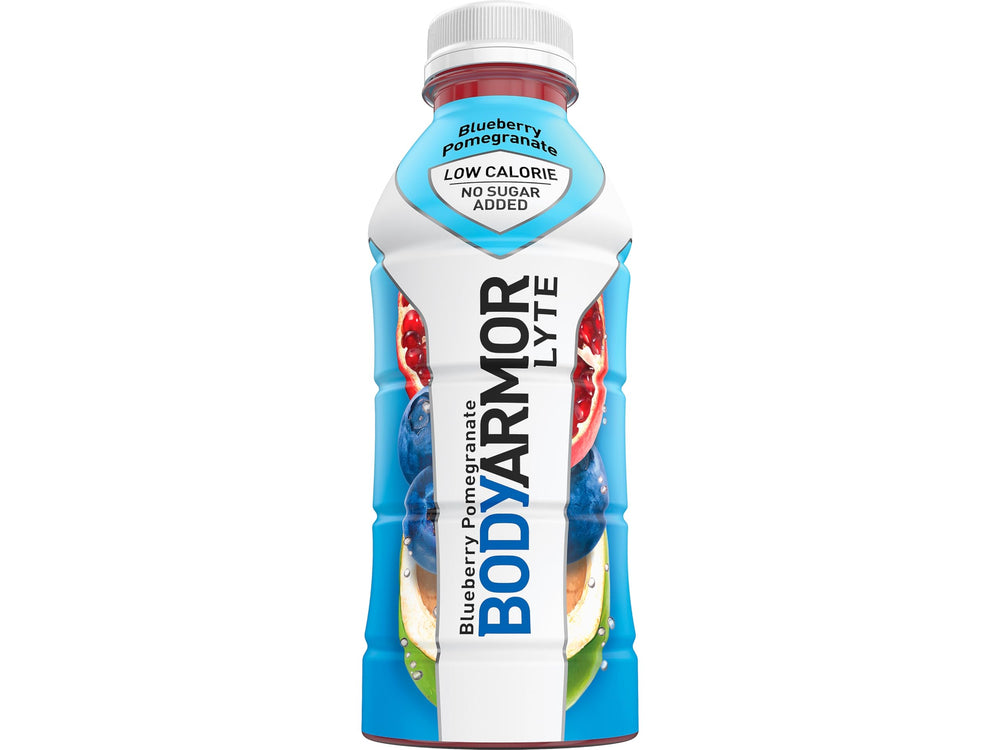 BODYARMOR LYTE comparación de tamaño junto a una botella de agua para referencia de volumen