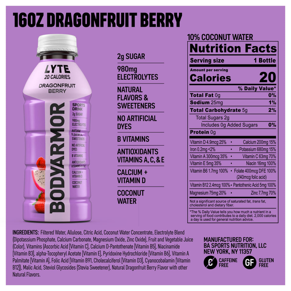 BODYARMOR LYTE Dragonfruit primer plano del líquido y textura refrescante