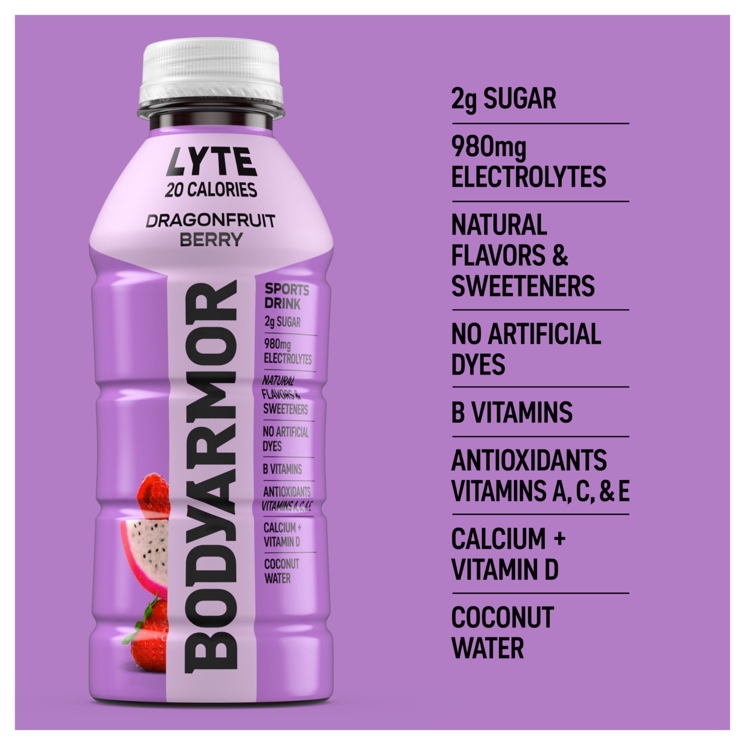 BODYARMOR LYTE Dragonfruit etiqueta con ingredientes muestra electrolitos